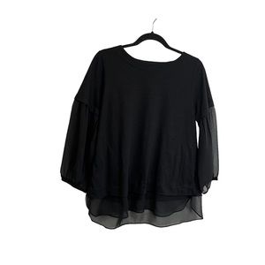 Terra Chic Black Sheer 3/4 Balloon Sleeve Hem Top Linen Blend Blouse Womens Sz S